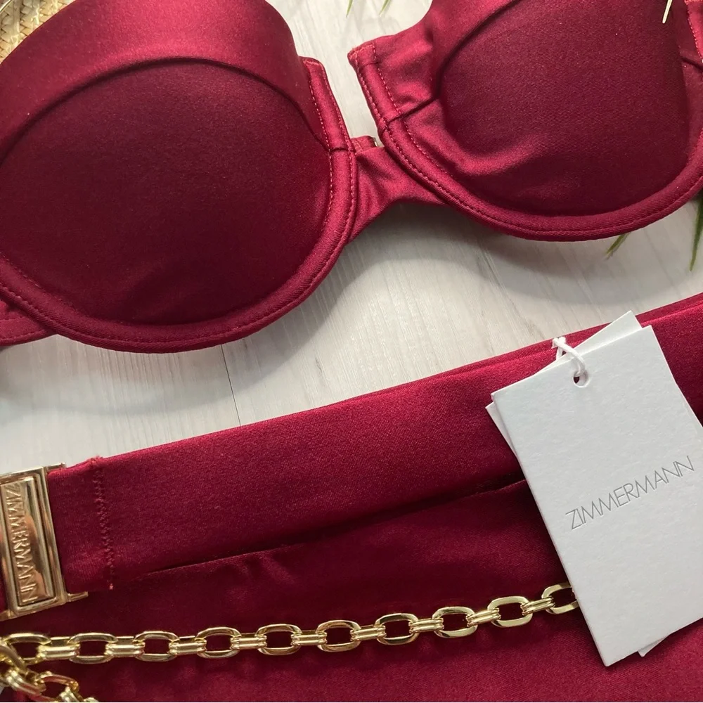 Zimmermann Ruby Red Balconnette + Chain Link High Rise Bikini Bottom Set - Picture 6 of 15